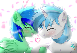 Size: 1637x1132 | Tagged: source needed, useless source url, safe, artist:jadebreeze115, oc, oc only, oc:jade breeze, oc:winter light, pegasus, pony, unicorn, blue eyes, blue hair, blushing, cherry blossoms, chest fluff, colored pupils, cute, ear fluff, ethereal mane, eyes closed, flower, flower blossom, folded wings, gay, grin, heart, heart eyes, holding hooves, horn, male, nuzzling, one eye closed, pegasus oc, petals, shipping, smiling, stallion, starry eyes, starry mane, unicorn oc, wingding eyes, wings, wings down