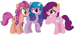 Size: 1024x492 | Tagged: safe, artist:emeraldblast63, izzy moonbow, pipp petals, sunny starscout, earth pony, pegasus, pony, unicorn, g4, g5, backwards cutie mark, female, g5 to g4, generation leap, mare, red eyes, red-eyed pipp, redesign, simple background, smiling, transparent background, trio, trio female