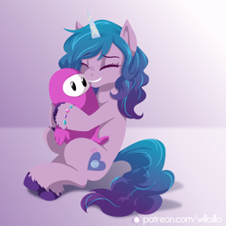 Size: 2000x2000 | Tagged: safe, artist:willoillo, izzy moonbow, pony, unicorn, g5, crossover, cute, eyes closed, fall guys, female, high res, izzybetes, sitting, solo, unshorn fetlocks