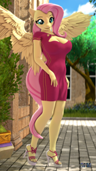 Size: 1080x1920 | Tagged: safe, artist:anthroponiessfm, fluttershy, pegasus, anthro, plantigrade anthro, g4, 3d, blushing, boob window, breasts, busty fluttershy, cleavage, clothes, dress, feet, female, high heels, looking at you, open-toed shoes, sandals, shoes, solo, stupid sexy fluttershy, toes
