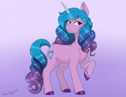 Size: 2600x2000 | Tagged: safe, artist:peachyloaf, izzy moonbow, pony, unicorn, g5, backwards cutie mark, fanart, female, high res, mare, raised hoof, smiling, solo, unshorn fetlocks