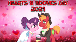 Size: 2064x1161 | Tagged: safe, artist:cheezedoodle96, edit, big macintosh, sugar belle, g4, the big mac question, 2021, abstract background, clothes, dress, female, hearts and hooves day, holiday, husband and wife, looking at each other, lyrics in the description, male, ship:sugarmac, shipping, smiling, straight, suit, valentine's day, wedding dress, you're in my head like a catchy song, youtube link