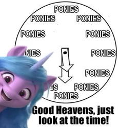 Size: 418x455 | Tagged: safe, izzy moonbow, pony, unicorn, g5, caption, clock, female, image macro, just look at the time, looking at you, mare, meme, open mouth, pony time, reaction image, smiling, solo, text, time for ponies