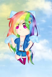 Size: 933x1381 | Tagged: safe, artist:flatterslay, rainbow dash, human, g4, chibi, cute, dashabetes, eared humanization, female, flying, humanized, solo, winged humanization, wings