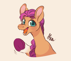 Size: 617x531 | Tagged: safe, artist:polymercorgi, sunny starscout, earth pony, pony, g5, female, looking at you, open mouth, signature, simple background, solo, sunnybetes, unshorn fetlocks