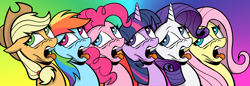 Size: 6700x2300 | Tagged: safe, artist:shadowblazearts, applejack, fluttershy, pinkie pie, rainbow dash, rarity, twilight sparkle, alicorn, earth pony, pegasus, pony, unicorn, g4, disgusted, female, rainbow background, reaction, twilight sparkle (alicorn)