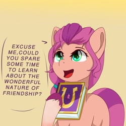 Size: 2800x2800 | Tagged: safe, artist:nihithebrony, sunny starscout, earth pony, pony, g5, book, dialogue, female, friendship, friendship journal, green eyes, happy, high res, jehovah's witness, looking up, mare, open mouth, open smile, simple background, smiling, solo, text, unshorn fetlocks, yellow background