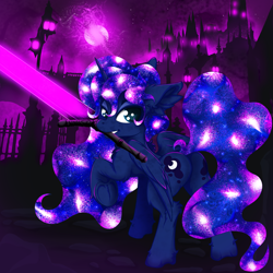 Size: 2500x2500 | Tagged: safe, artist:rurihal, princess luna, alicorn, pony, g4, butt, high res, moonbutt, mouth hold, plot, solo, sword, weapon