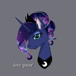 Size: 1080x1080 | Tagged: safe, artist:luna.queex, princess luna, alicorn, pony, g4, alternate hairstyle, bust, ear fluff, ethereal mane, eyelashes, female, galaxy mane, gray background, horn, jewelry, mare, peytral, signature, simple background, solo, tiara