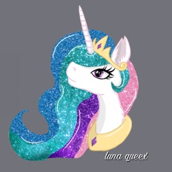 Size: 1080x1080 | Tagged: safe, artist:luna.queex, princess celestia, alicorn, pony, g4, bust, ear fluff, ethereal mane, eyelashes, female, gray background, horn, jewelry, looking up, mare, peytral, signature, simple background, solo, starry mane, tiara