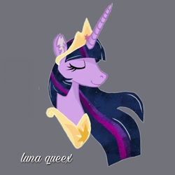 Size: 1080x1080 | Tagged: safe, artist:luna.queex, twilight sparkle, alicorn, pony, g4, the last problem, bust, ear fluff, eyelashes, eyes closed, female, gray background, horn, jewelry, mare, older, older twilight, older twilight sparkle (alicorn), peytral, princess twilight 2.0, signature, simple background, smiling, solo, tiara, twilight sparkle (alicorn)