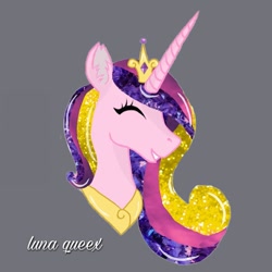 Size: 1080x1080 | Tagged: safe, artist:luna.queex, princess cadance, alicorn, pony, g4, bust, crown, ear fluff, ethereal mane, eyelashes, eyes closed, female, gray background, grin, horn, jewelry, mare, peytral, regalia, signature, simple background, smiling, solo, starry mane