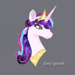 Size: 1080x1080 | Tagged: safe, artist:luna.queex, princess flurry heart, alicorn, pony, g4, bust, crown, ear fluff, ethereal mane, eyelashes, female, galaxy mane, gray background, horn, jewelry, mare, older, older flurry heart, peytral, regalia, signature, simple background, smiling, solo
