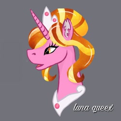 Size: 1080x1080 | Tagged: safe, artist:luna.queex, luster dawn, pony, unicorn, g4, bust, crown, ear fluff, eyelashes, female, gray background, horn, jewelry, mare, open mouth, peytral, regalia, signature, simple background, solo