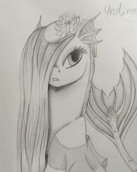 Size: 1080x1350 | Tagged: safe, artist:pony_riart, oc, oc only, sea pony, bust, eyelashes, flower, flower in hair, grayscale, hair over one eye, inktober 2020, monochrome, solo, traditional art