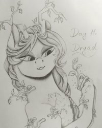 Size: 1080x1350 | Tagged: safe, artist:pony_riart, oc, oc only, dryad, pony, bedroom eyes, bust, flower, grayscale, inktober 2020, monochrome, raised hoof, smiling, solo, traditional art