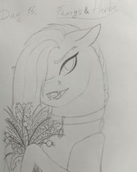 Size: 1080x1350 | Tagged: safe, artist:pony_riart, oc, oc only, pony, vampire, vampony, bouquet, bust, choker, fangs, flower, grayscale, hair over one eye, inktober 2020, lineart, monochrome, solo, traditional art