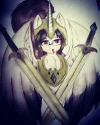Size: 1080x1350 | Tagged: safe, artist:cats_drawings_cos, oc, oc only, alicorn, pony, alicorn oc, female, glasses, helmet, horn, mare, peytral, solo, spread wings, sword, traditional art, weapon, wings
