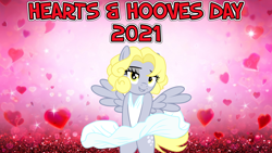 Size: 2064x1161 | Tagged: safe, artist:up1ter, edit, derpy hooves, pegasus, pony, 2021, bipedal, blonde, clothes, diamonds are a girl's best friend, dress, female, gentlemen prefer blondes, hearts and hooves day, hind legs, holiday, looking at you, lyrics in the description, marilyn monroe, solo, song reference, teeth, the seven year itch, valentine's day, youtube link