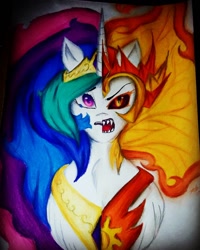 Size: 1080x1350 | Tagged: safe, alternate version, artist:cats_drawings_cos, daybreaker, princess celestia, alicorn, pony, g4, bust, colored, duality, eyelashes, fangs, female, jewelry, mane of fire, mare, peytral, split screen, tiara, traditional art, two sides