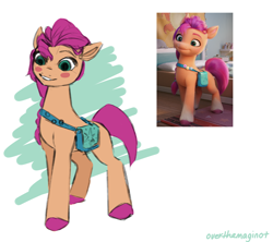Size: 1800x1600 | Tagged: safe, artist:overthemaginot, edit, edited screencap, screencap, sunny starscout, earth pony, pony, g5, my little pony: a new generation, spoiler:my little pony: a new generation, 3d, bag, colored hooves, colored sketch, female, mare, screenshot redraw, shoulder bag, sketch, smiling, solo, standing, sunny's bag, unshorn fetlocks
