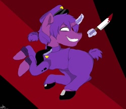 Size: 1080x929 | Tagged: safe, artist:cats_drawings_cos, pony, unicorn, abstract background, blood, clothes, five nights at freddy's, glowing horn, grin, hat, hoof shoes, horn, knife, magic, male, ponified, purple guy, security guard, smiling, solo, stallion, telekinesis, the man behind the slaughter, white eyes