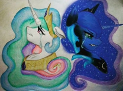 Size: 1080x801 | Tagged: safe, artist:cats_drawings_cos, princess celestia, princess luna, alicorn, pony, g4, angry, bust, crying, duo, duo female, ethereal mane, eyelashes, female, floppy ears, horn, looking up, mare, nightmare luna, peytral, royal sisters, sad, sadlestia, siblings, sisters, starry mane, teary eyes, traditional art