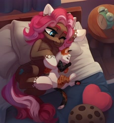 Size: 3785x4096 | Tagged: safe, artist:taneysha, oc, oc only, cat, earth pony, pony, alarm clock, bed, chest fluff, clock, coat markings, cute, female, lying down, mare, on bed, on side, one eye closed, paw pads, paws, pillow, smiling, socks (coat markings), underhoof, underpaw