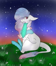 Size: 876x1024 | Tagged: safe, artist:yoonah, oc, oc only, earth pony, pony, clothes, earth pony oc, grass, leonine tail, night, outdoors, scarf, sitting, socks, solo, stars