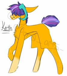 Size: 914x1024 | Tagged: safe, artist:yoonah, oc, oc only, oc:keith, pony, chest fluff, coat markings, hair over eyes, horns, male, raised hoof, simple background, socks (coat markings), solo, stallion, white background