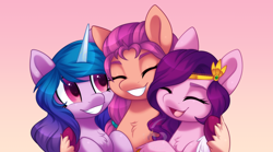 Size: 1750x973 | Tagged: safe, artist:scarlet-spectrum, izzy moonbow, pipp petals, sunny starscout, earth pony, pegasus, pony, unicorn, g5, bust, chest fluff, cute, eyes closed, female, gradient background, grin, hug, mare, open mouth, portrait, smiling, teeth, trio