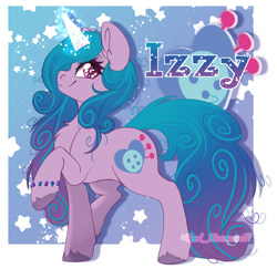 Size: 3296x3204 | Tagged: safe, artist:red_moonwolf, izzy moonbow, pony, unicorn, g5, abstract background, backwards cutie mark, bracelet, chest fluff, cutie mark, female, glowing horn, high res, horn, jewelry, looking at you, magic, raised hoof, simple background, smiling, solo, stars, text, unshorn fetlocks