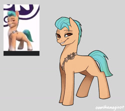 Size: 1280x1138 | Tagged: safe, artist:overthemaginot, screencap, hitch trailblazer, earth pony, pony, g5, gray background, looking at you, male, my little pony logo, screenshot redraw, simple background, smiling, stallion