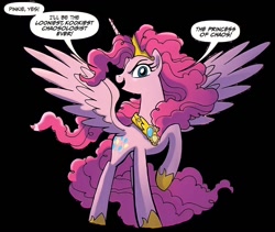 Size: 1382x1166 | Tagged: safe, idw, pinkie pie, alicorn, pony, g4, spoiler:comic57, alicornified, altered cutie mark, black background, evil grin, female, grin, horse shoes, mare, pinkiecorn, princess of chaos, princess pinkie pie, race swap, simple background, smiling, solo, speech bubble, spread wings, wings, xk-class end-of-the-world scenario