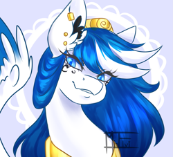Size: 1665x1515 | Tagged: safe, artist:minelvi, oc, oc only, pegasus, pony, bust, ear fluff, ear piercing, earring, eyelashes, jewelry, pegasus oc, peytral, piercing, signature, smiling, solo, wings