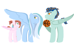 Size: 1280x854 | Tagged: safe, artist:meiodrama, oc, oc only, oc:arctic winds, oc:cessna, oc:kickflip hothoof, pegasus, pony, basketball, brother and sister, colt, female, filly, half-siblings, male, offspring, parent:rainbow dash, parent:soarin', parent:spitfire, parents:soarindash, parents:soarinfire, siblings, simple background, sports, transparent background