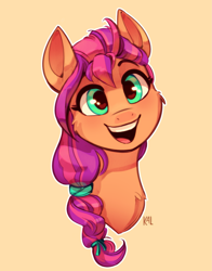 Size: 1707x2182 | Tagged: safe, artist:kaleido-art, sunny starscout, earth pony, pony, g5, :d, bust, cheek fluff, female, open mouth, orange background, portrait, simple background, solo, sunnybetes