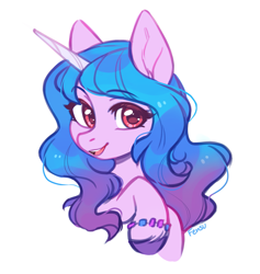 Size: 1667x1756 | Tagged: safe, artist:fensu-san, izzy moonbow, pony, unicorn, g5, aside glance, bracelet, bust, cute, female, friendship bracelet, izzybetes, jewelry, looking at you, mare, open mouth, open smile, portrait, raised hoof, signature, simple background, smiling, solo, turned head, unshorn fetlocks, white background