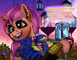 Size: 2778x2160 | Tagged: safe, artist:brainiac, sunny starscout, earth pony, pony, fallout equestria, g5, chest fluff, clothes, collar, cosplay, costume, female, heart eyes, high res, in-universe pegasister, jumpsuit, mare, pipboy, solo, unshorn fetlocks, vault suit, wingding eyes
