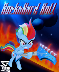 Size: 2000x2430 | Tagged: safe, artist:theretroart88, rainbow dash, pegasus, pony, g4, electric guitar, fire, guitar, high res, musical instrument