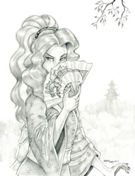 Size: 1000x1306 | Tagged: safe, artist:baron engel, adagio dazzle, equestria girls, g4, clothes, commission, disguise, disguised siren, female, kimono (clothing), looking at you, paper fan, pencil drawing, robe, traditional art