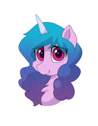 Size: 1240x1596 | Tagged: safe, artist:mercurysparkle, izzy moonbow, pony, unicorn, g5, cheek fluff, chest fluff, female, looking at you, mare, simple background, smiling, solo, white background