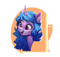 Size: 2533x2432 | Tagged: safe, artist:vanillaghosties, izzy moonbow, pony, unicorn, g5, abstract background, bust, female, high res, mare, open mouth, portrait, smiling, solo