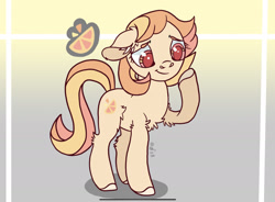 Size: 2261x1668 | Tagged: safe, artist:caramelbolt24, oc, oc only, earth pony, pony, abstract background, chest fluff, colored hooves, ear fluff, earth pony oc, female, magical lesbian spawn, mare, offspring, parent:applejack, parent:fluttershy, parents:appleshy, raised hoof, reference sheet, smiling, solo, story included