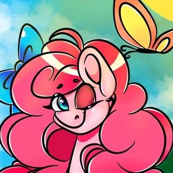 Size: 1080x1080 | Tagged: safe, alternate version, artist:tessa_key_, oc, oc only, butterfly, earth pony, pony, bow, bust, colored, earth pony oc, hair bow, not pinkie pie, one eye closed, outdoors, smiling, solo, sun, wink
