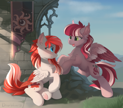 Size: 3500x3100 | Tagged: safe, artist:dreamweaverpony, oc, oc only, oc:dusty ember, oc:making amends, pegasus, pony, chest fluff, commission, duo, ear fluff, eye clipping through hair, female, high res, looking at each other, mare, sitting, smiling, two toned wings, underhoof, wings