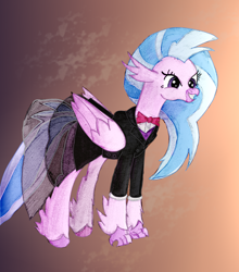 Size: 1398x1590 | Tagged: safe, artist:moonlightrift, silverstream, hippogriff, g4, bowtie, clothes, dress, female, happy, smiling, solo, suit, tuxedo