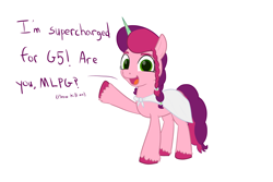 Size: 1500x1000 | Tagged: safe, artist:mightyshockwave, oc, oc only, oc:marker pony, pony, unicorn, g5, 4chan, braid, cape, clothes, looking at you, open mouth, raised hoof, simple background, solo, talking to viewer, unshorn fetlocks, white background