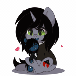 Size: 1080x1080 | Tagged: safe, artist:yomechka, pony, undead, unicorn, zombie, zombie pony, animated, bring me the horizon, clothes, commission, disguise, disguised siren, drop dead clothing, eye clipping through hair, fangs, gif, heart, horn, implied gay, implied shipping, jewelry, kellin quinn, male, necklace, oliver sykes, plushie, shirt, simple background, sitting, sleeping with sirens, slit pupils, solo, stallion, t-shirt, tail wag, white background, ych animation, ych result