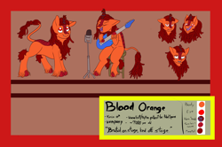 Size: 5000x3323 | Tagged: safe, artist:dirtpecker, oc, oc:blood orange, kirin, vampire, vampony, description is artwork too, djent face, dreadlocks, fangs, grumpy face, guitar, kirin oc, licking, licking lips, male, microphone, musical instrument, reference sheet, sitting incorrectly, tongue out